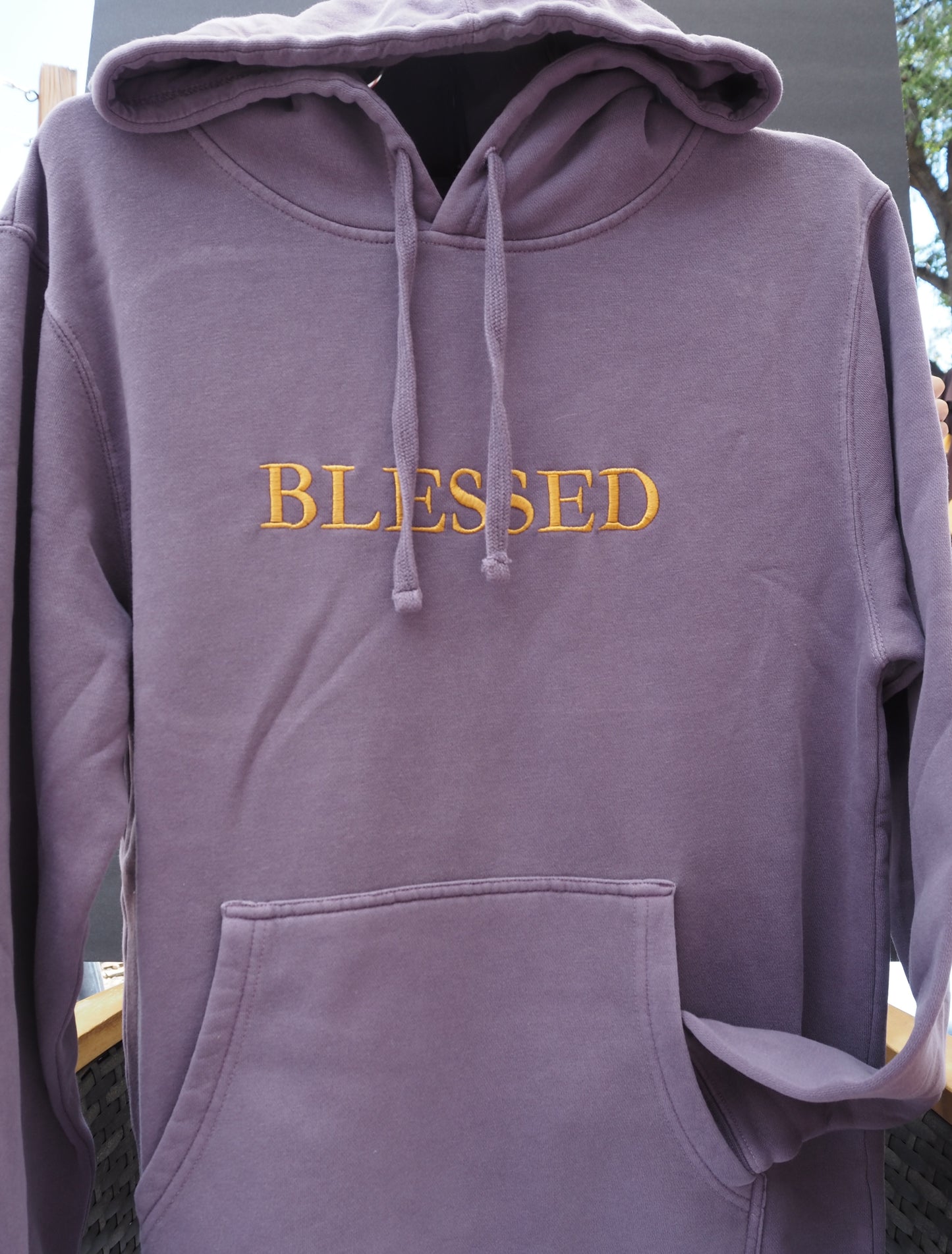 BLESSED embroidered hoodie in dusty mauve with gold lettering