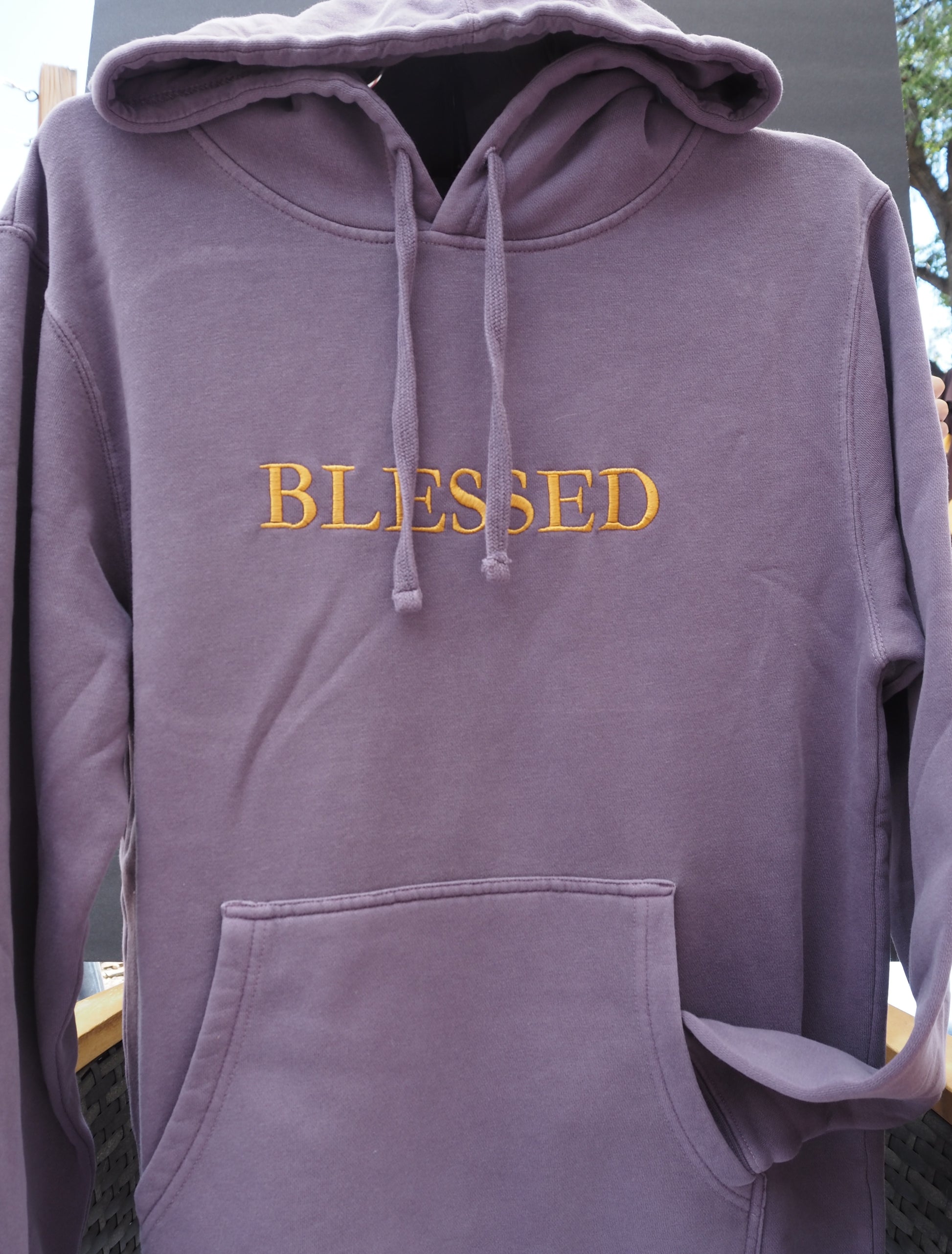 BLESSED embroidered hoodie in dusty mauve with gold lettering