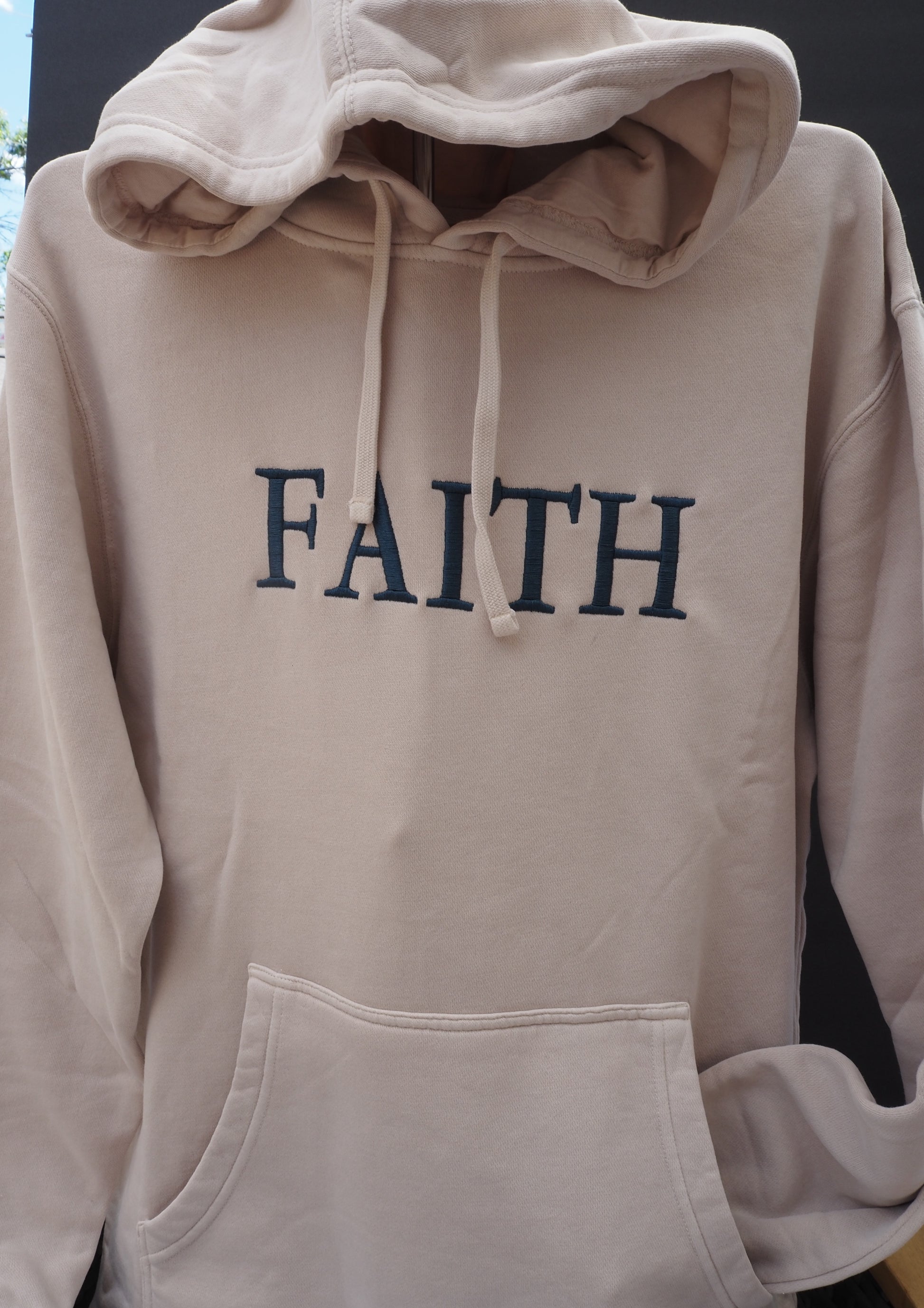 FAITH embroidered hoodie in sand with navy lettering