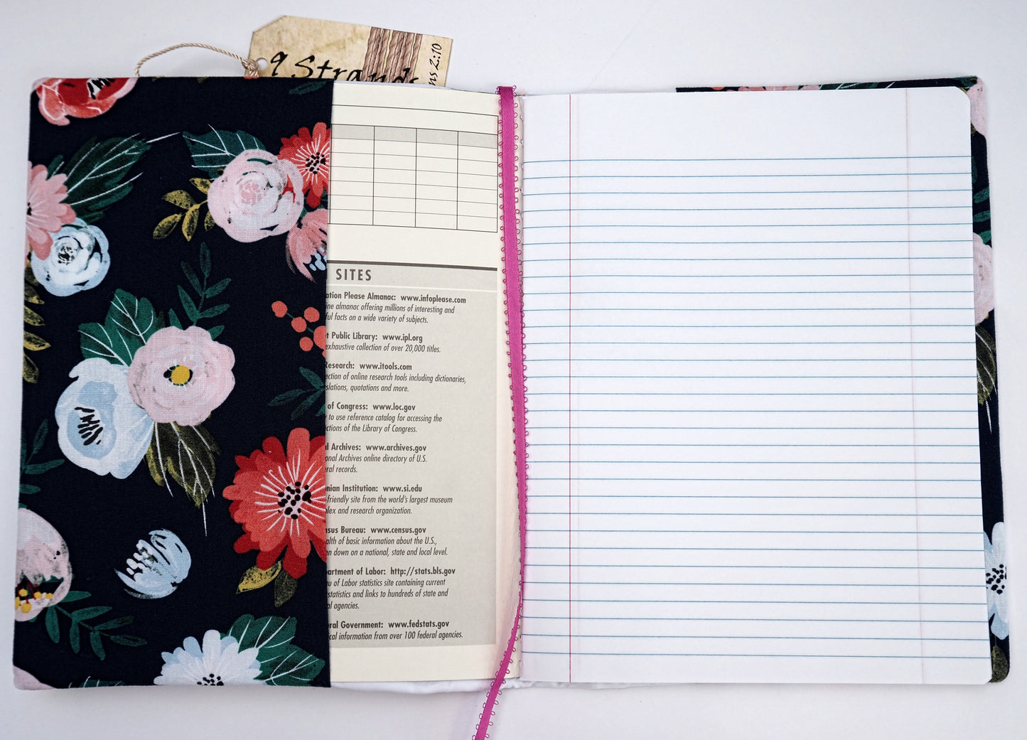 Handmade Fabric Journal Cover | Scripture Black & White Floral Design | Includes Composition Notebook