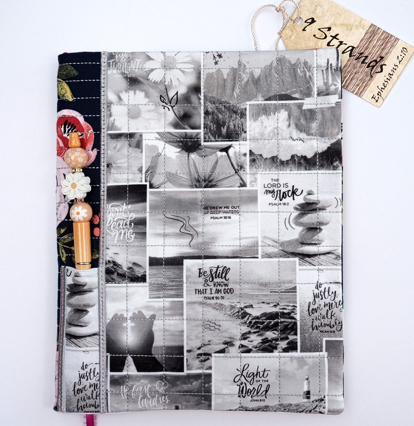 Handmade Fabric Journal Cover | Scripture Black & White Floral Design | Includes Composition Notebook