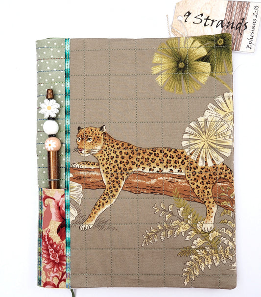 Handmade Fabric Journal Cover | Cheetah & Botanical Design | Includes Composition Notebook