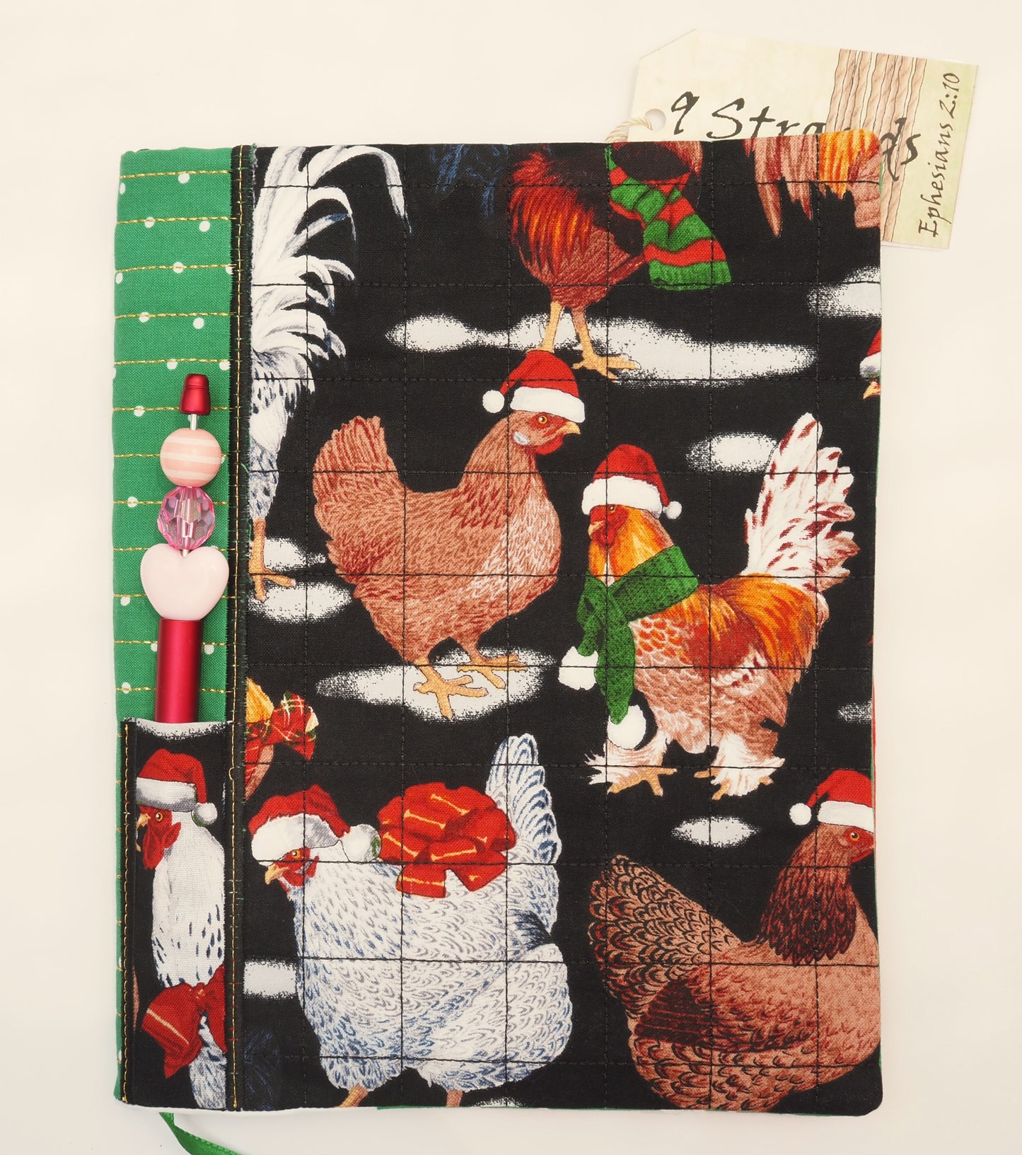 Handmade Fabric Journal Cover | Christmas Chickens Design | Includes Composition Notebook