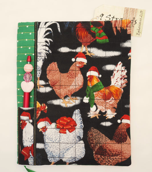 Handmade Fabric Journal Cover | Christmas Chickens Design | Includes Composition Notebook