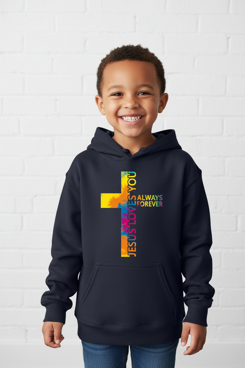 Child wearing Jesus Loves You hoodie