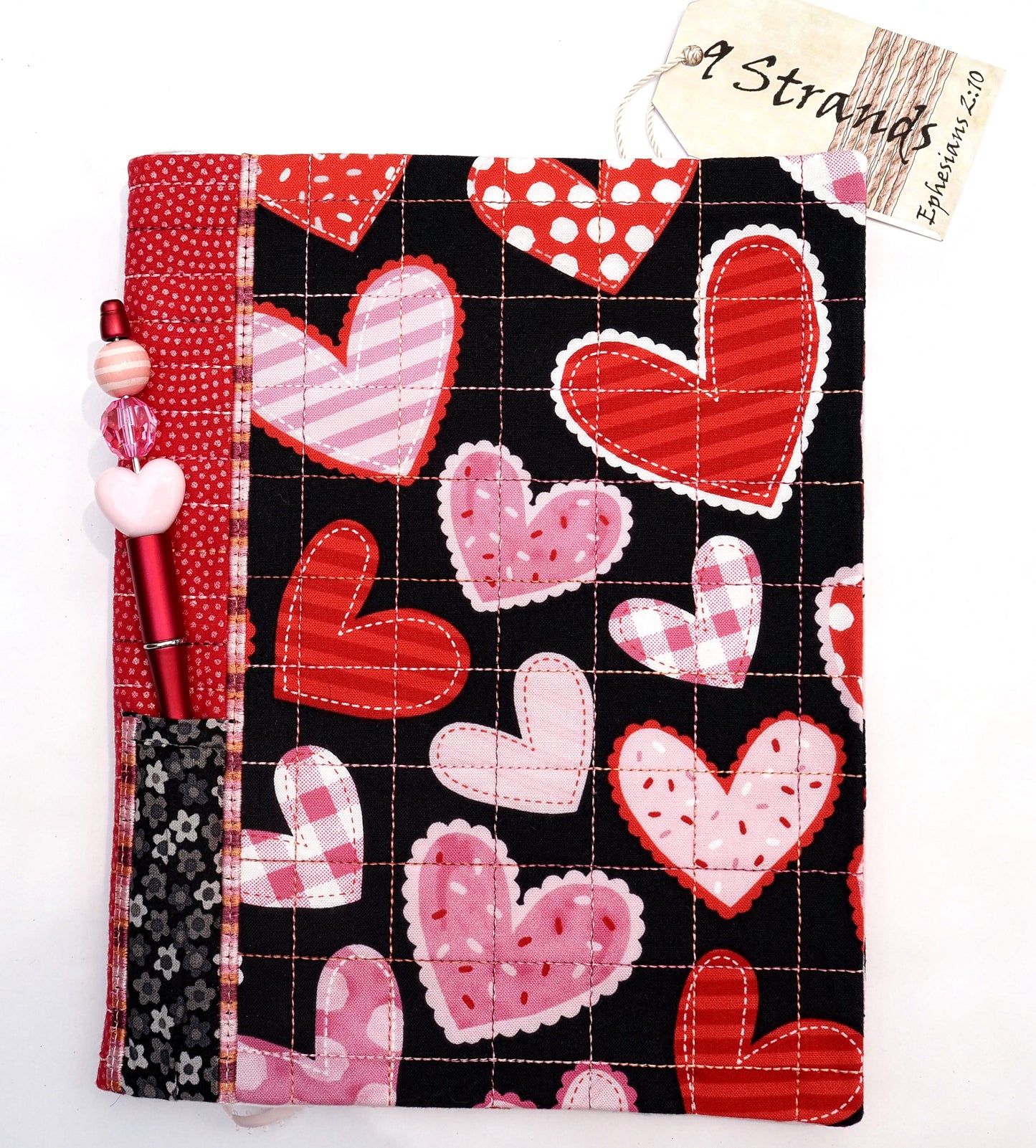 Handmade Fabric Journal Cover | Bold Hearts Black & Red Design | Includes Composition Notebook