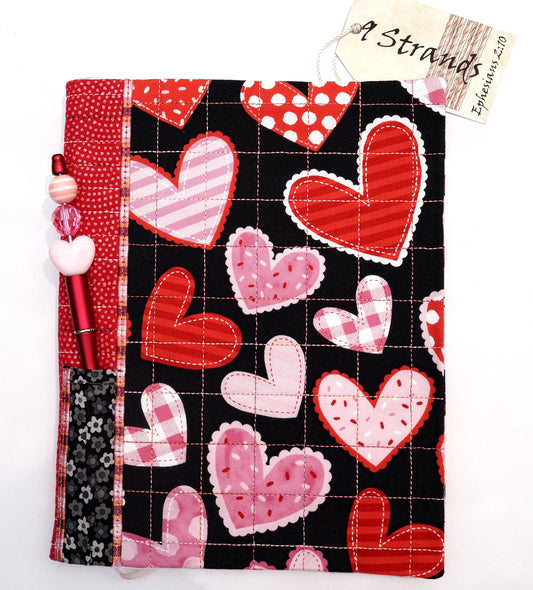 Handmade Fabric Journal Cover | Bold Hearts Black & Red Design | Includes Composition Notebook