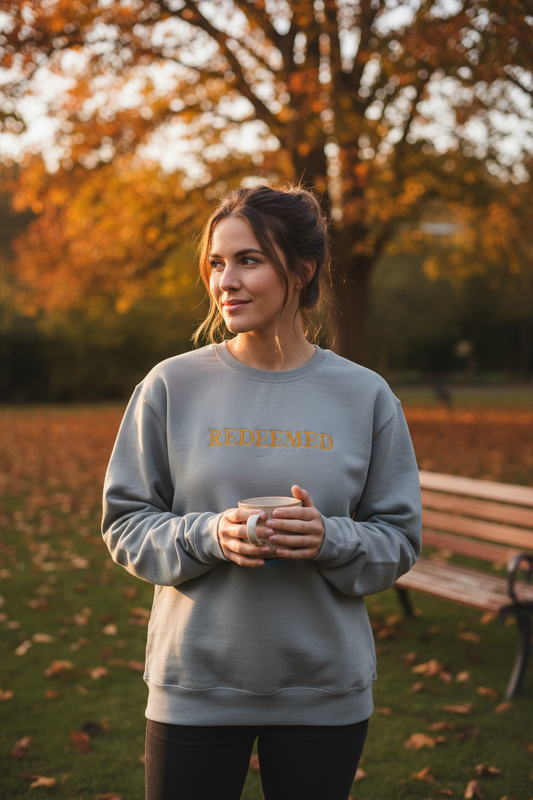 Lifestyle photo of woman wearing REDEEMED slate gray crewneck outdoors