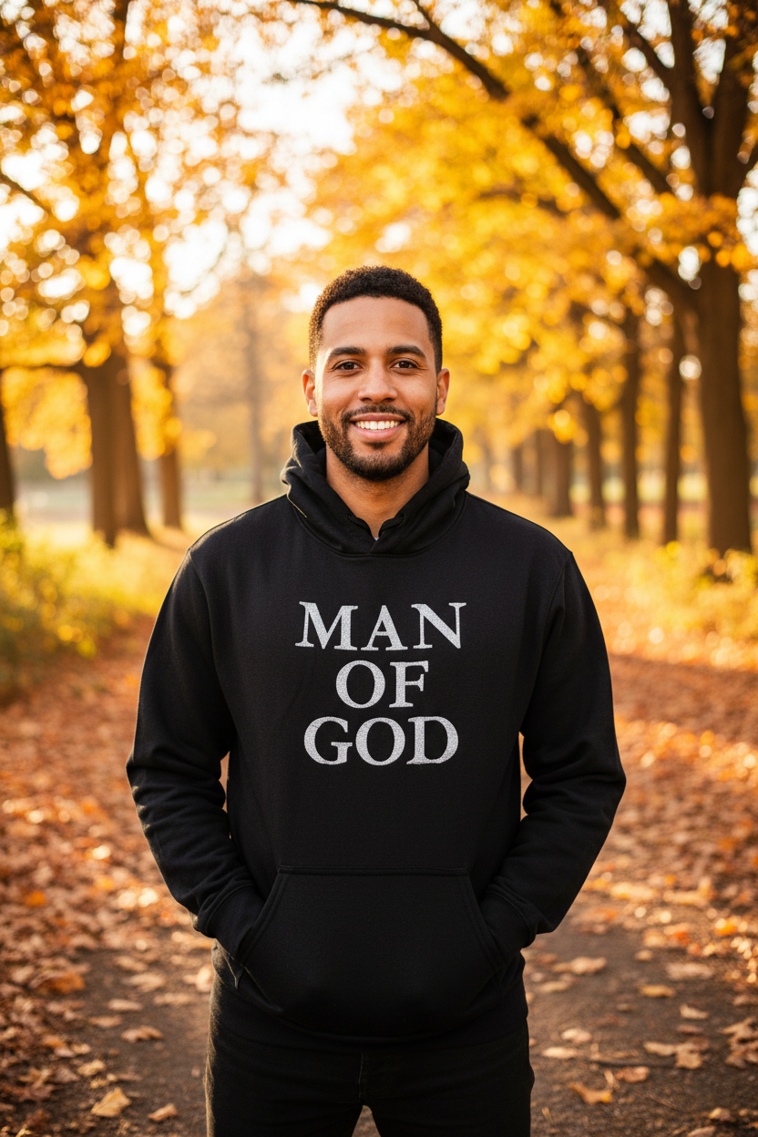 Man wearing MAN OF GOD black hoodie with hands in pocket in fall outdoor setting
