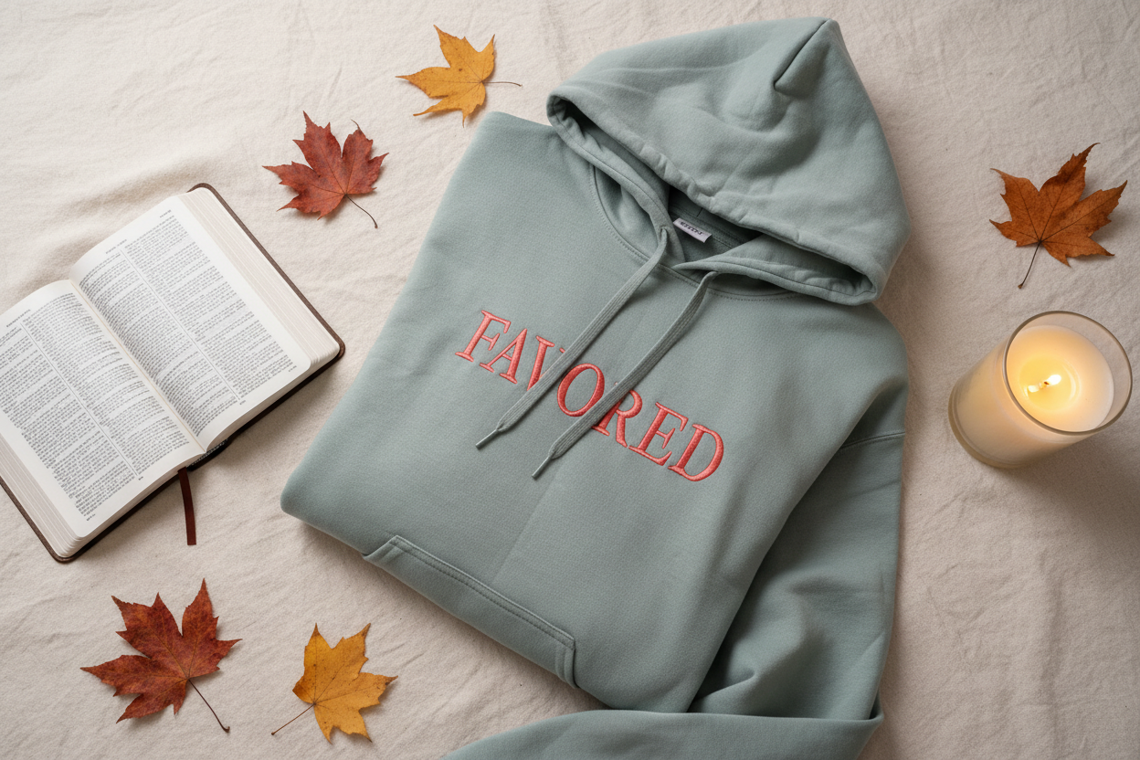 Flat lay of FAVORED hoodie styled with Bible and candle