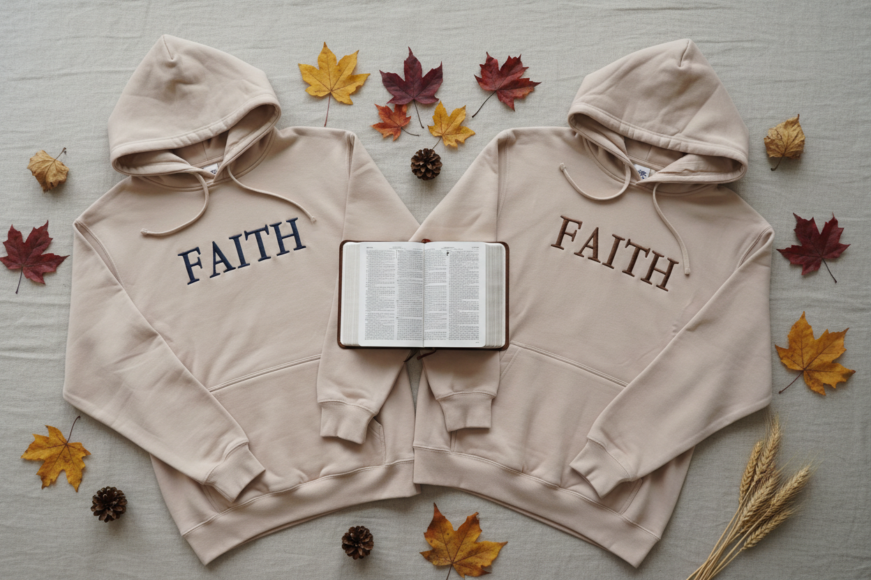 Flat lay of sand FAITH hoodie showing both navy and chocolate embroidery options