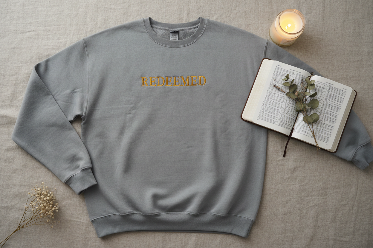 Flat lay of REDEEMED slate gray crewneck styled with Bible, dried flowers, and candle