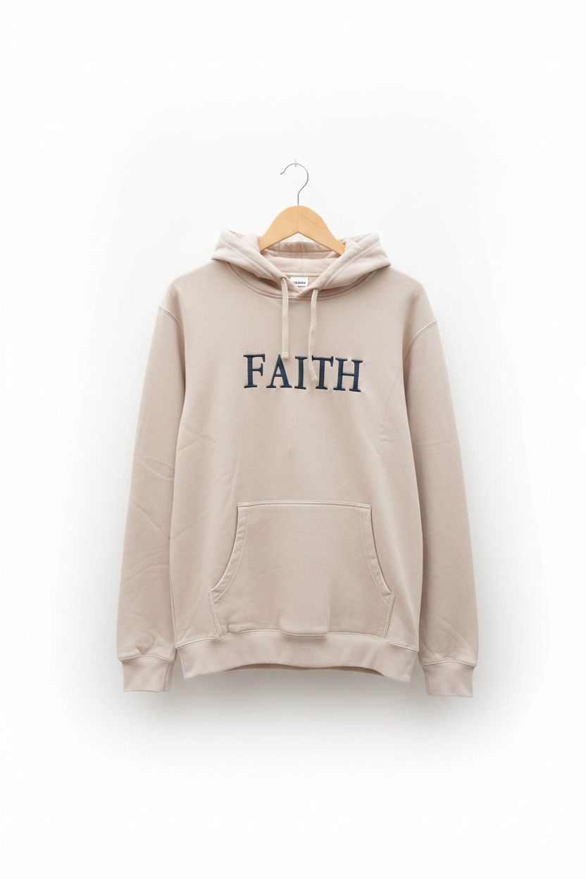 FAITH hoodie in sand with navy embroidery on hanger, one sleeve in pocket