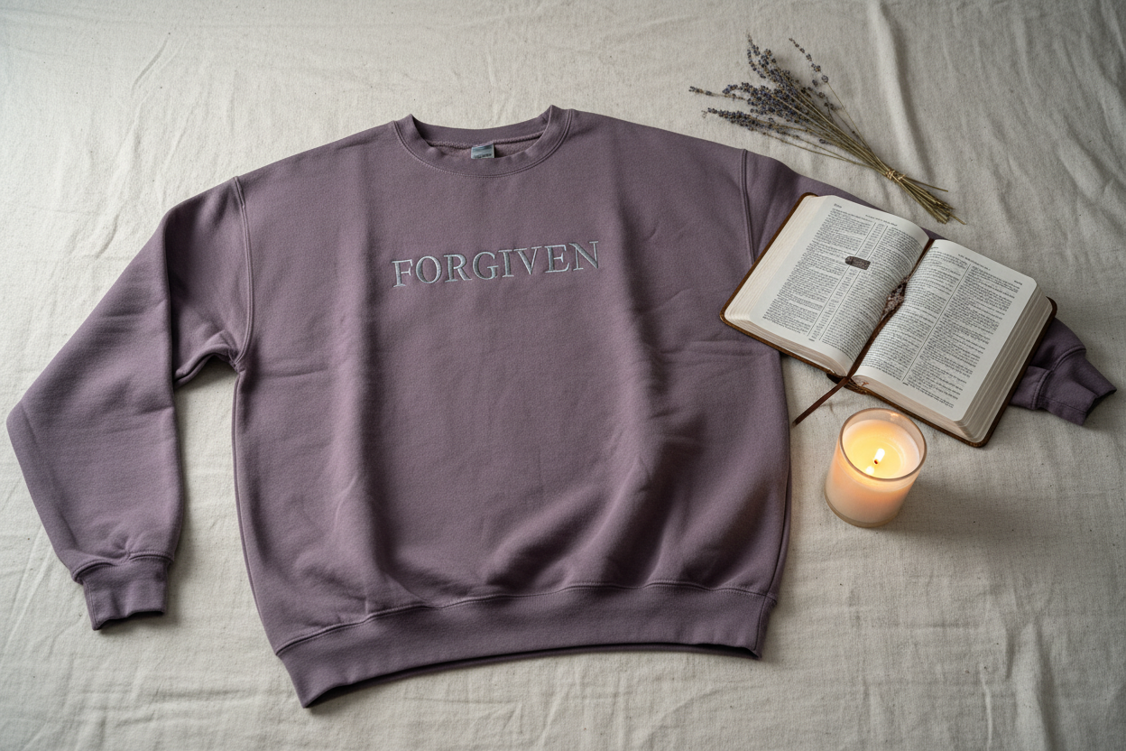Flat lay of FORGIVEN crewneck showing relaxed fit, styled with Bible, dried lavender, and candle