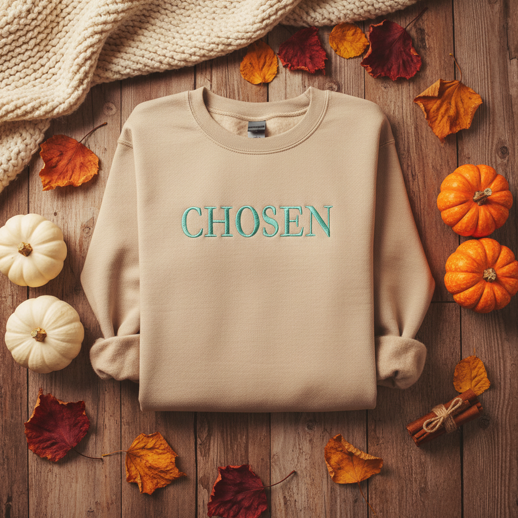 CHOSEN crewneck sweatshirt fall flat lay with pumpkins and autumn leaves