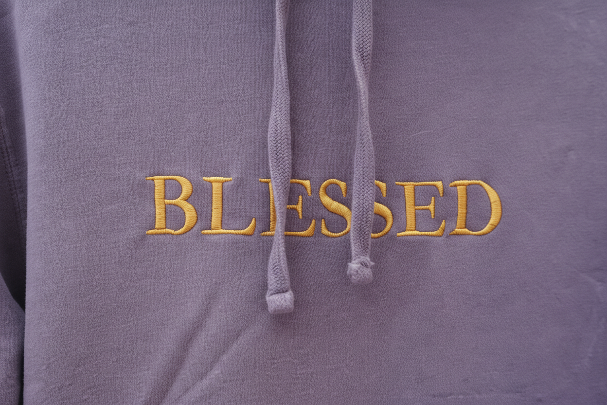 Close-up detail of gold embroidered BLESSED lettering