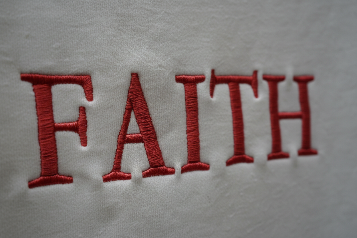 Close-up detail of red embroidered FAITH lettering on cream crewneck