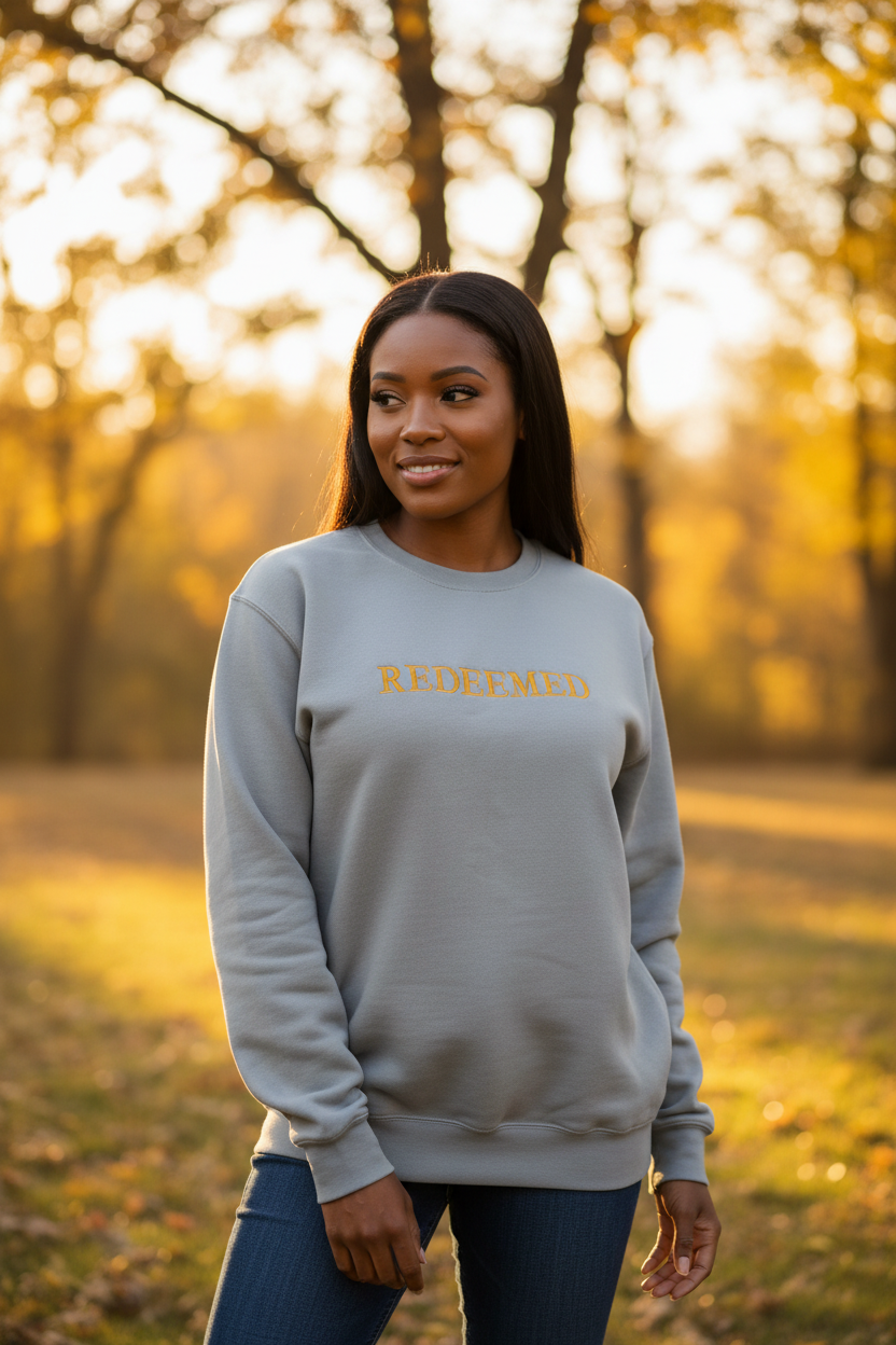 Lifestyle photo of second model wearing REDEEMED slate gray crewneck in golden hour light