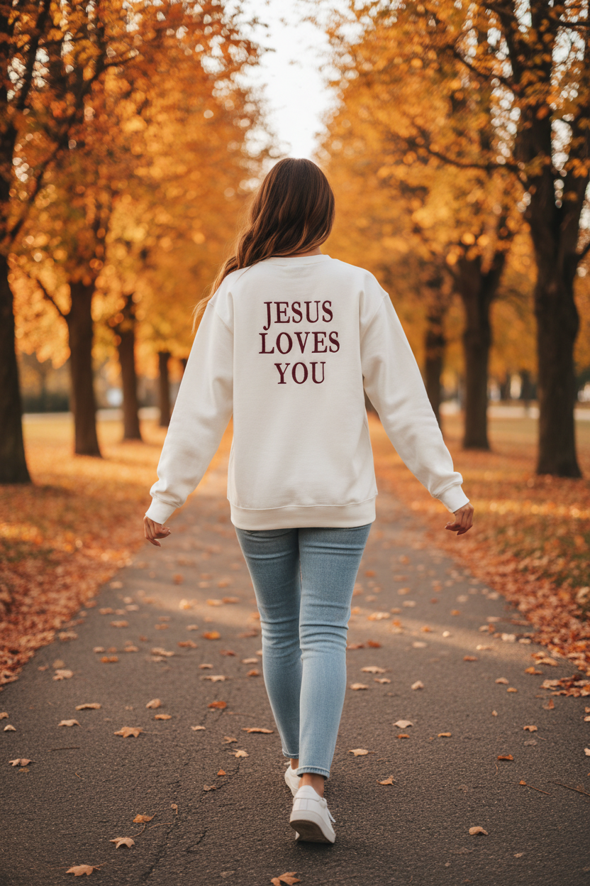 Lifestyle photo of woman from behind showing Jesus Loves You on cream crewneck