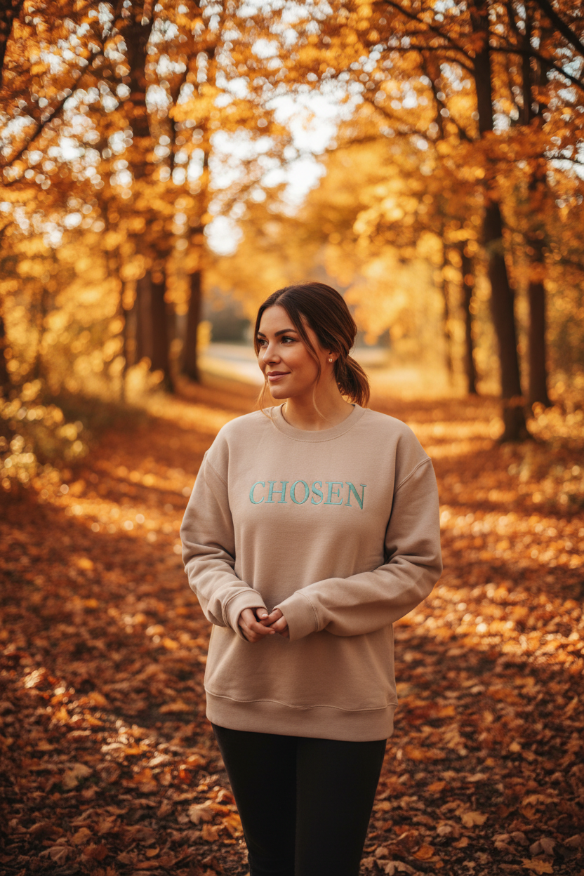 Woman wearing CHOSEN crewneck sweatshirt in fall outdoor setting