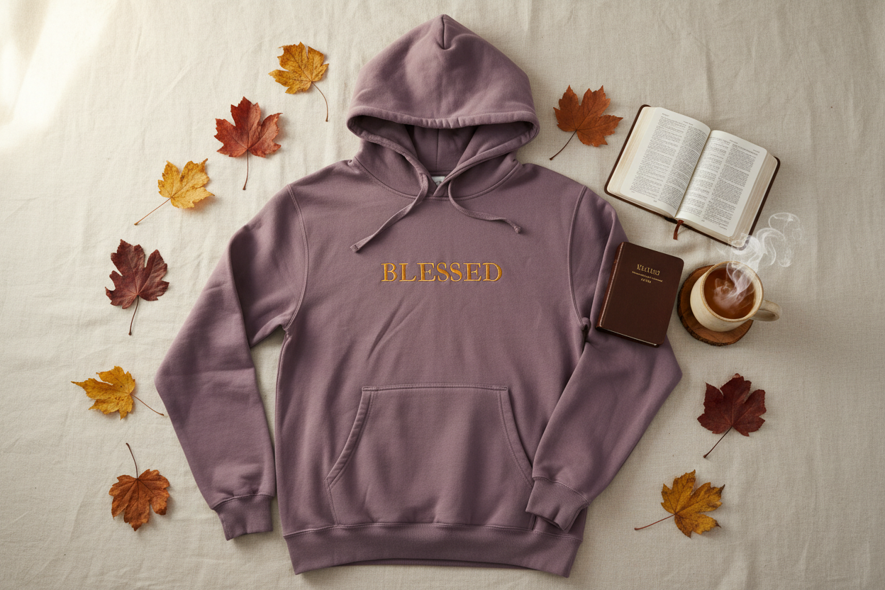 Flat lay of BLESSED hoodie styled with Bible and warm mug