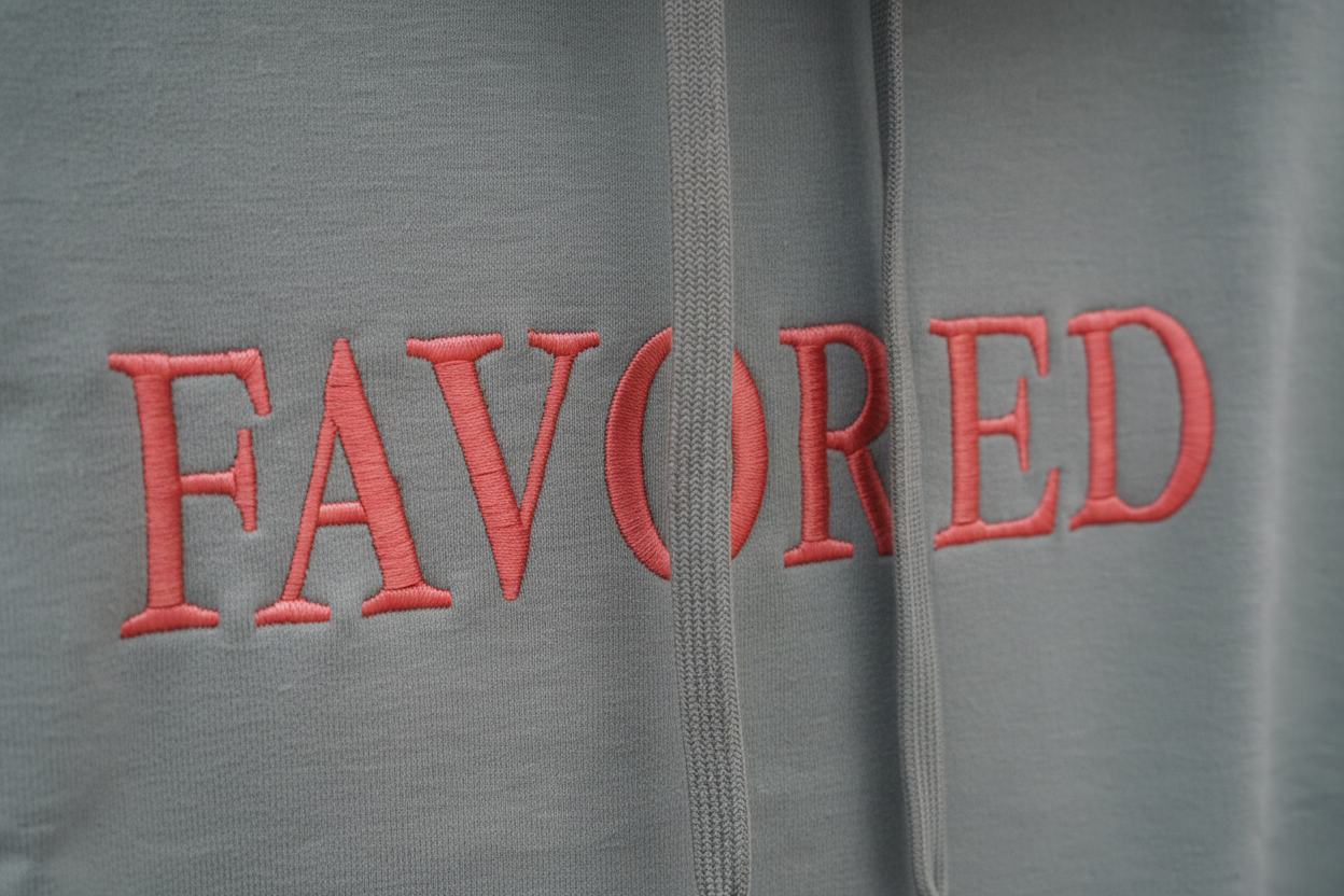 Close-up detail of red embroidered FAVORED lettering on sage green hoodie