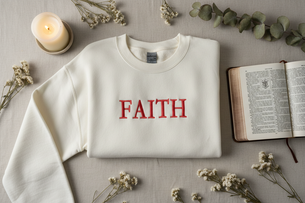 Flat lay of FAITH crewneck styled with Bible, dried flowers, and candle