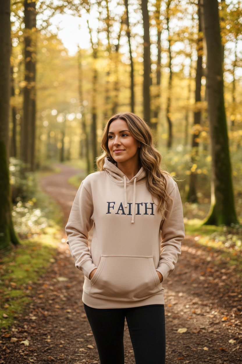 Lifestyle photo of woman wearing sand FAITH hoodie with chocolate embroidery
