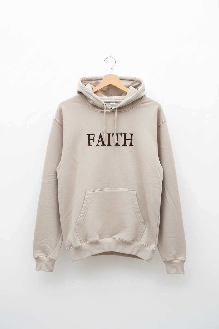 FAITH hoodie in sand with chocolate embroidery on hanger, one sleeve in pocket