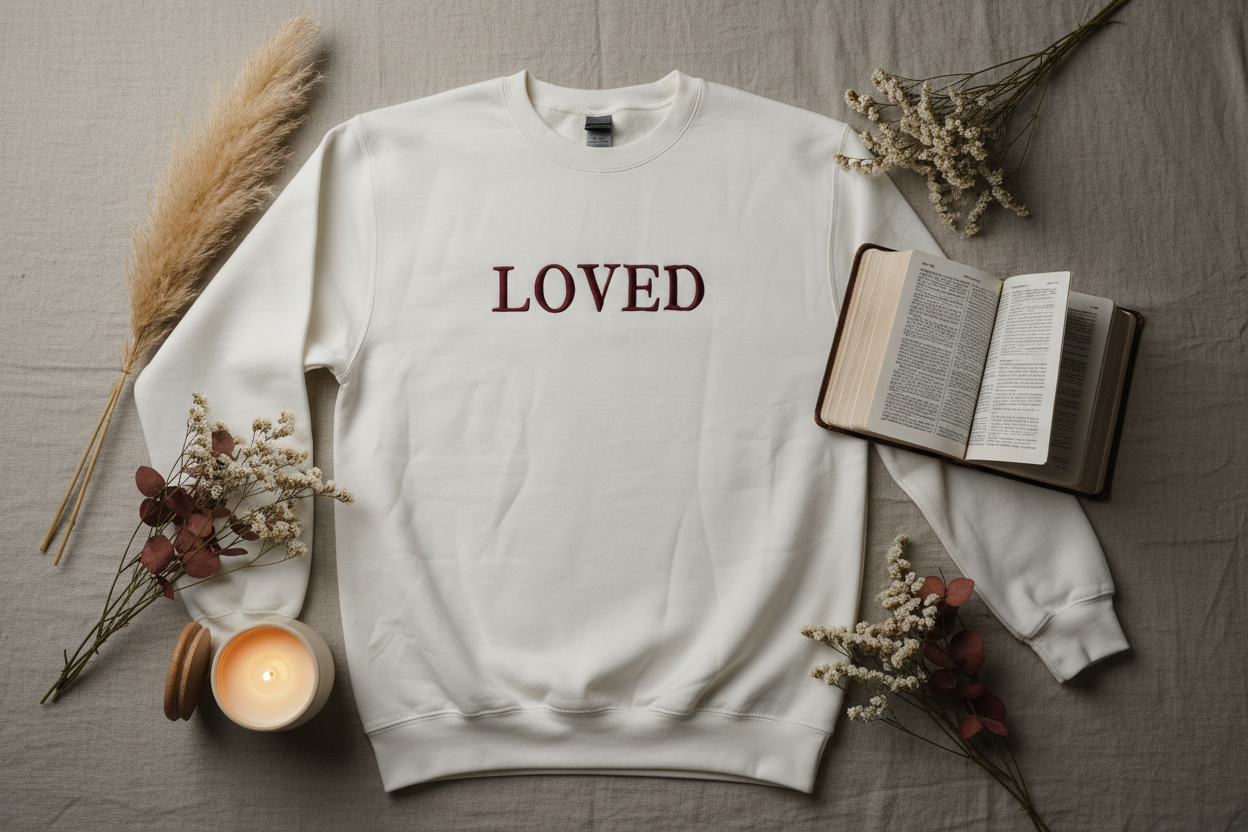Flat lay of LOVED cream crewneck styled with Bible, dried flowers, and candle