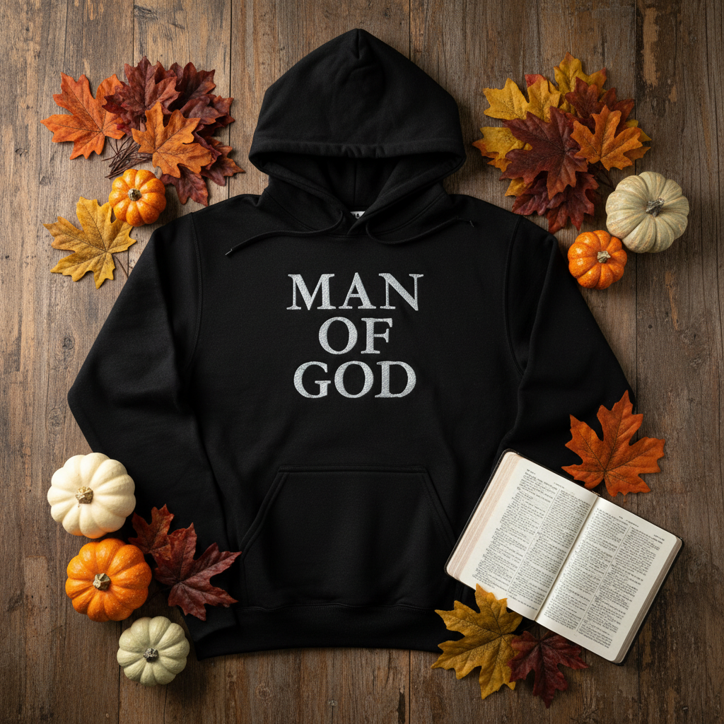MAN OF GOD black hoodie fall flat lay with front embroidery showing, pumpkins and Bible