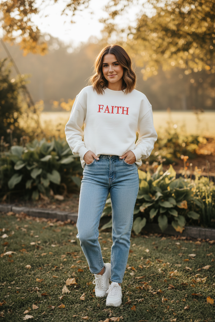 Lifestyle photo of woman wearing FAITH crewneck sweatshirt outdoors