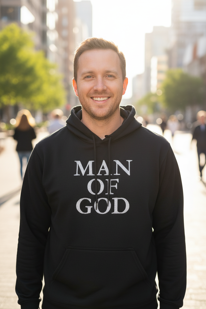 Smiling man wearing MAN OF GOD black hoodie in bright outdoor urban setting