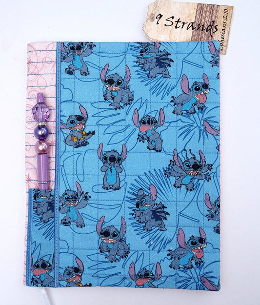 Handmade Fabric Journal Cover | Stitch Pink & Blue Design | Includes Composition Notebook