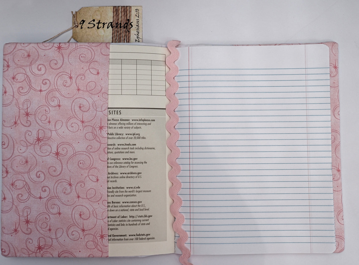 Handmade Fabric Journal Cover | Stitch Blue & Pink Swirl Design | Includes Composition Notebook