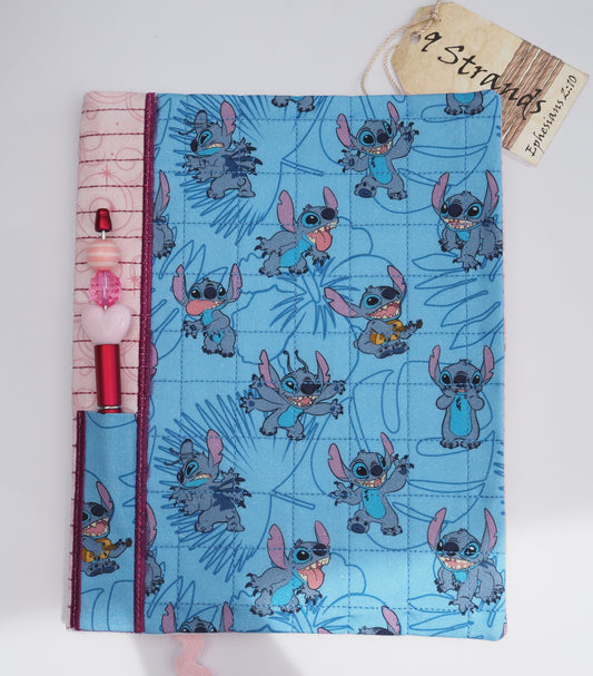 Handmade Fabric Journal Cover | Stitch Blue & Pink Swirl Design | Includes Composition Notebook