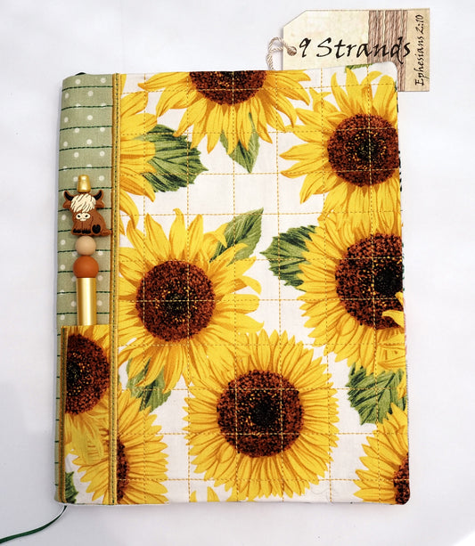 Handmade Fabric Journal Cover | Sunflower & Bee Design | Includes Composition Notebook